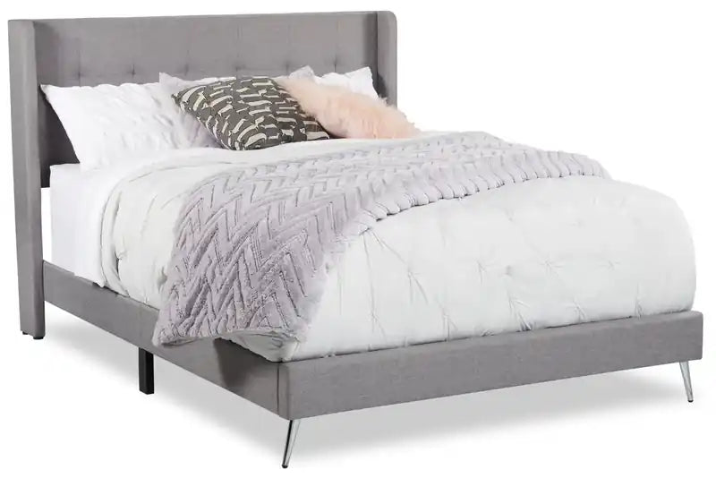 Beau Upholstered Wingback Bed in Grey Fabric, Tufted