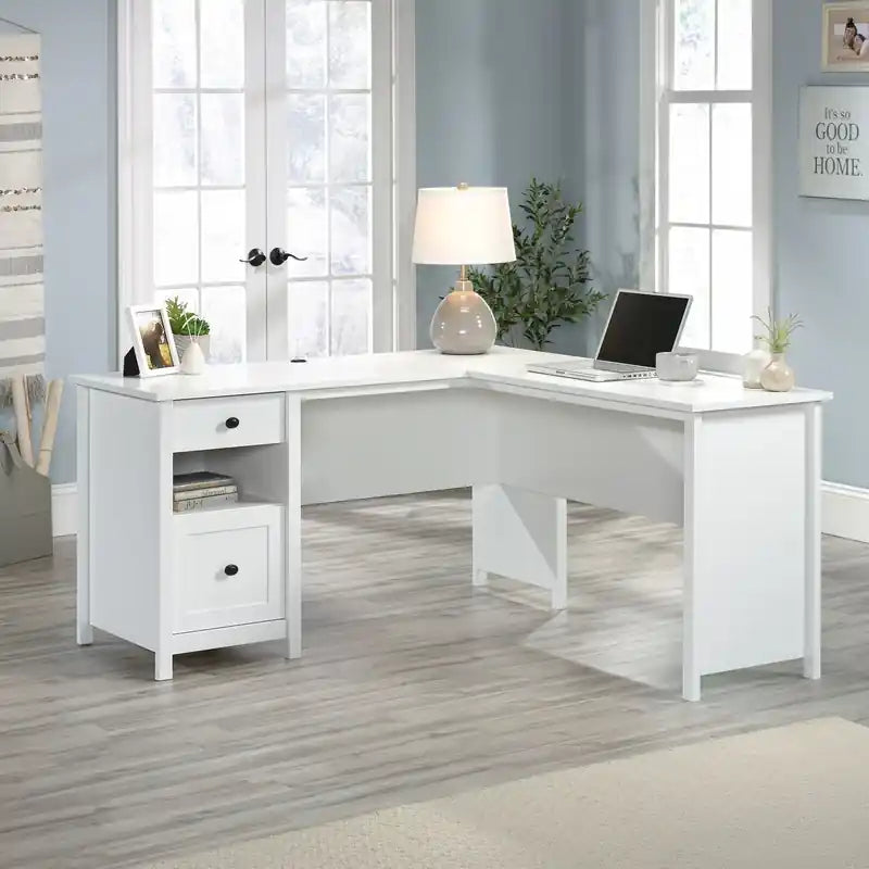 Bureau d'angle de 150 cm avec tiroir classeur - Blanc doux