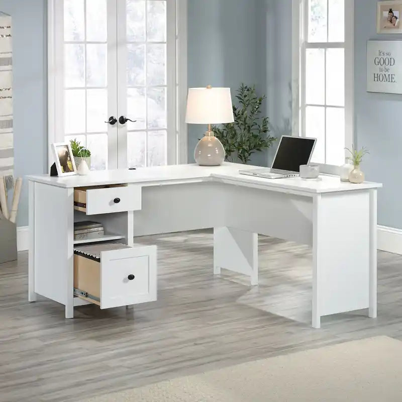 Bureau d'angle de 150 cm avec tiroir classeur - Blanc doux