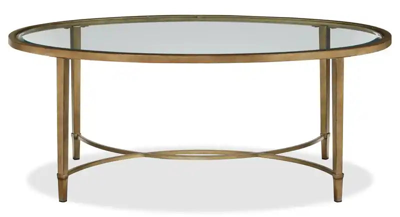 Table basse ovale traditionnelle en verre, plateau 50, argent et or avec base en métal