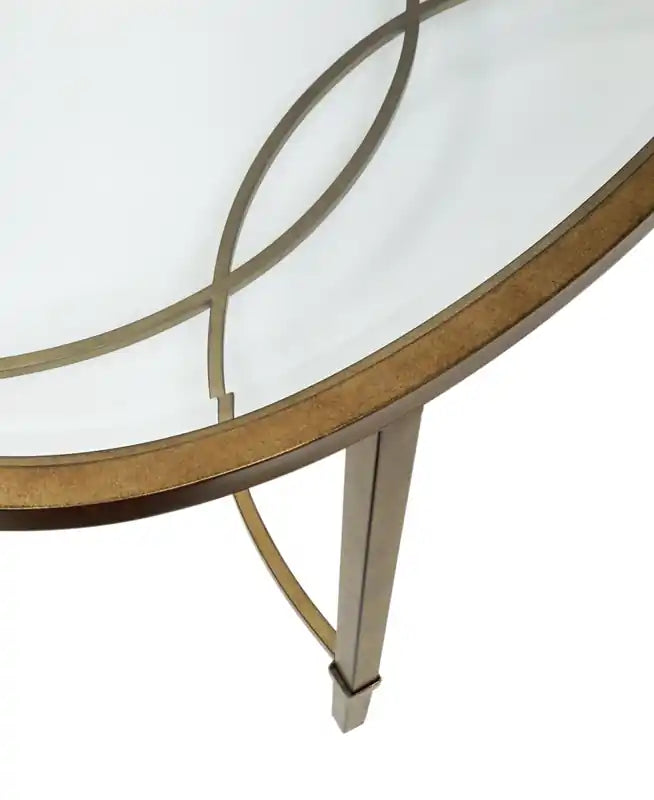 Table basse ovale traditionnelle en verre, plateau 50, argent et or avec base en métal