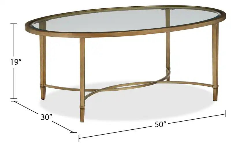 Table basse ovale traditionnelle en verre, plateau 50, argent et or avec base en métal