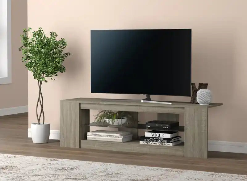 Meuble TV 55 po à 2 tablettes en verre trempé – Taupe foncé