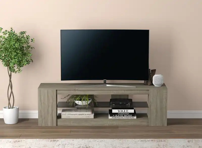 Meuble TV 55 po à 2 tablettes en verre trempé – Taupe foncé