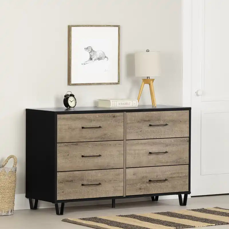 Commode 6 tiroirs - Chêne vieilli et Noir mat