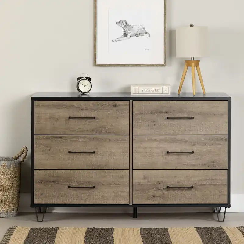 Commode 6 tiroirs - Chêne vieilli et Noir mat
