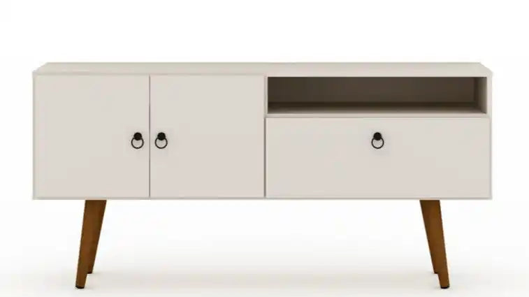 Manhattan Comfort Tribeca 53.94 Mid-Century Modern TV Stand with Solid Wood Legs - Off White