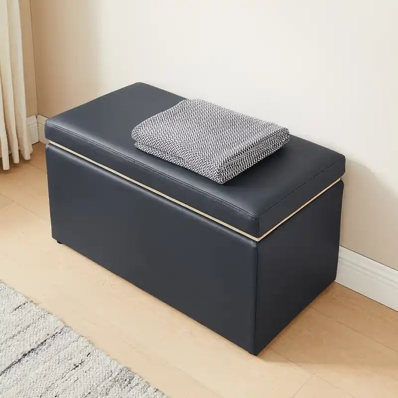 32 Pouf de rangement - Similicuir bleu marine