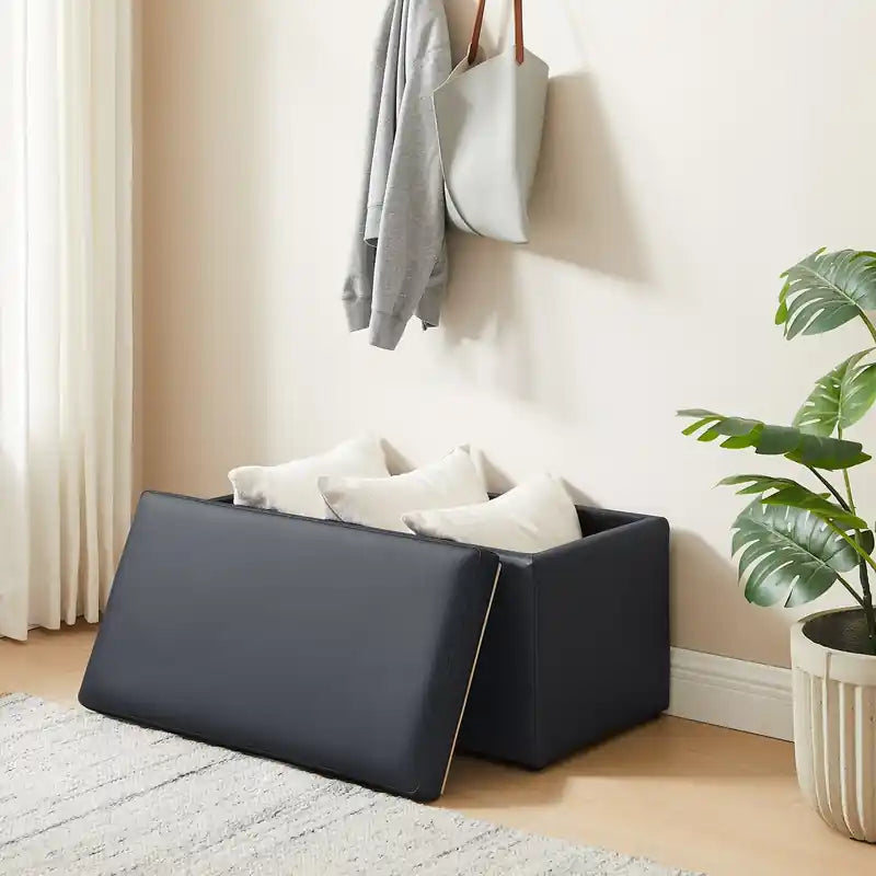 32 Pouf de rangement - Similicuir bleu marine