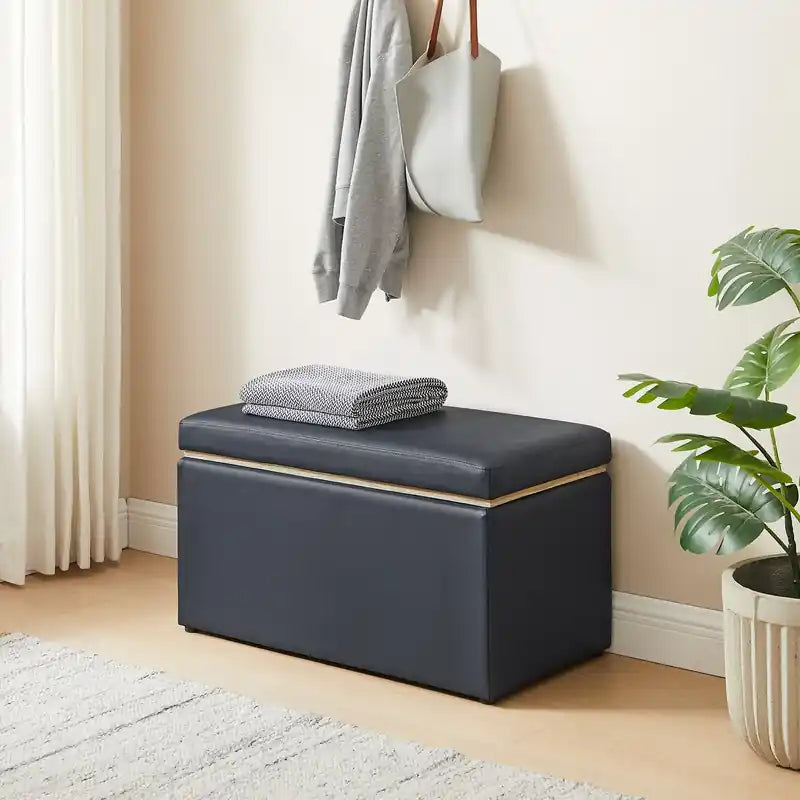 32 Pouf de rangement - Similicuir bleu marine