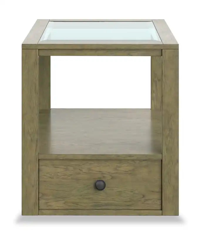 Table d'appoint traditionnelle en bois clair avec plateau en verre, rangement et étagère de 56 cm
