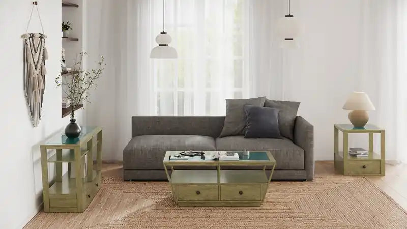 Table d'appoint traditionnelle en bois clair avec plateau en verre, rangement et étagère de 56 cm