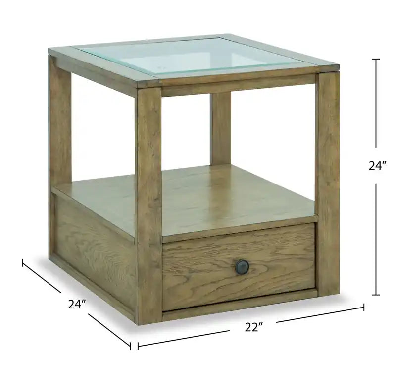 Table d'appoint traditionnelle en bois clair avec plateau en verre, rangement et étagère de 56 cm