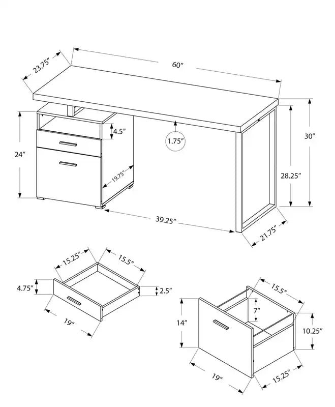 Bureau de travail réglable de 60 po avec 2 tiroirs et casier de rangement