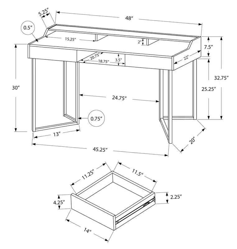 Bureau de 48 pouces avec 2 tiroirs et des casiers