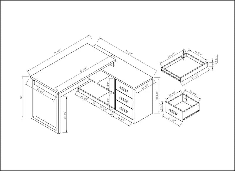 Bureau d'angle réversible 55" avec 4 tiroirs et compartiments de rangement