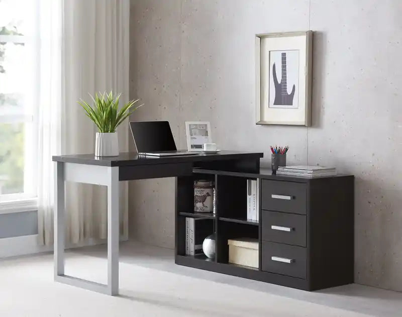 Bureau d'angle réversible 55" avec 4 tiroirs et compartiments de rangement