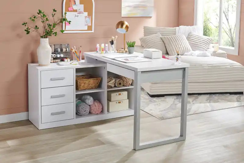 Bureau d'angle réversible 55" avec 4 tiroirs et compartiments de rangement