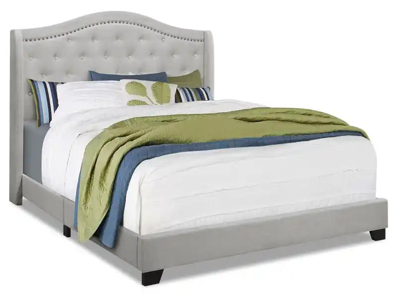 Penelope Upholstered Wingback Bed in Grey Velvet Fabric with Nailhead Design, Button Tufted