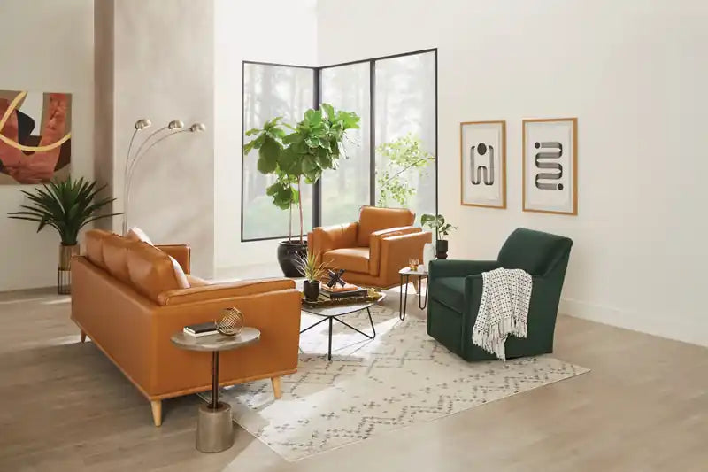 Chaise en cuir véritable avec coussin d'assise amovible et base en bois - brun caramel