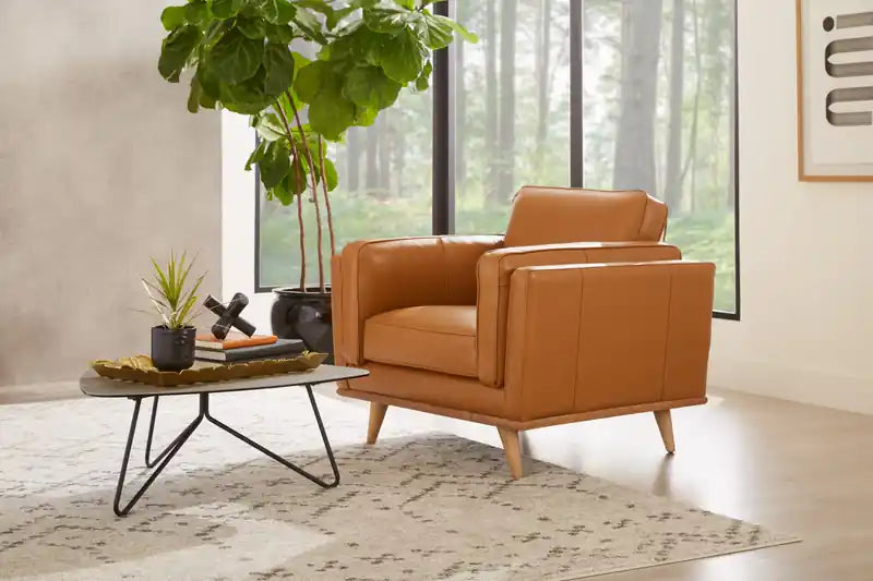Chaise en cuir véritable avec coussin d'assise amovible et base en bois - brun caramel