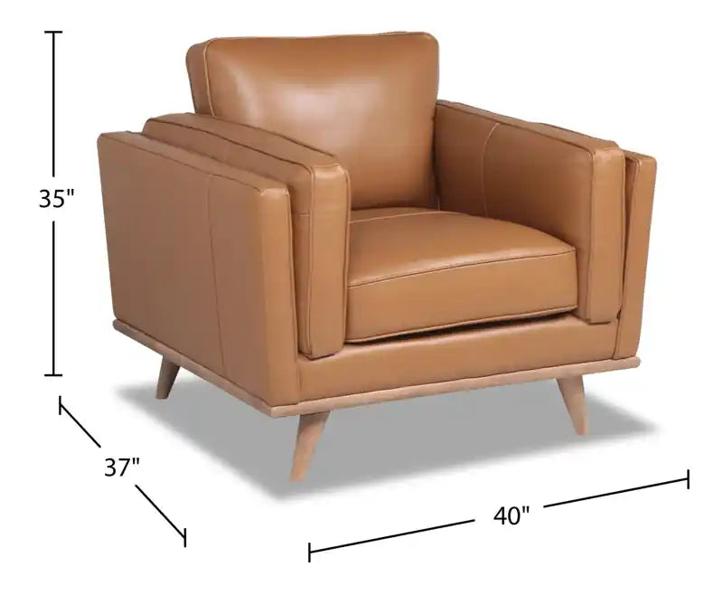 Chaise en cuir véritable avec coussin d'assise amovible et base en bois - brun caramel