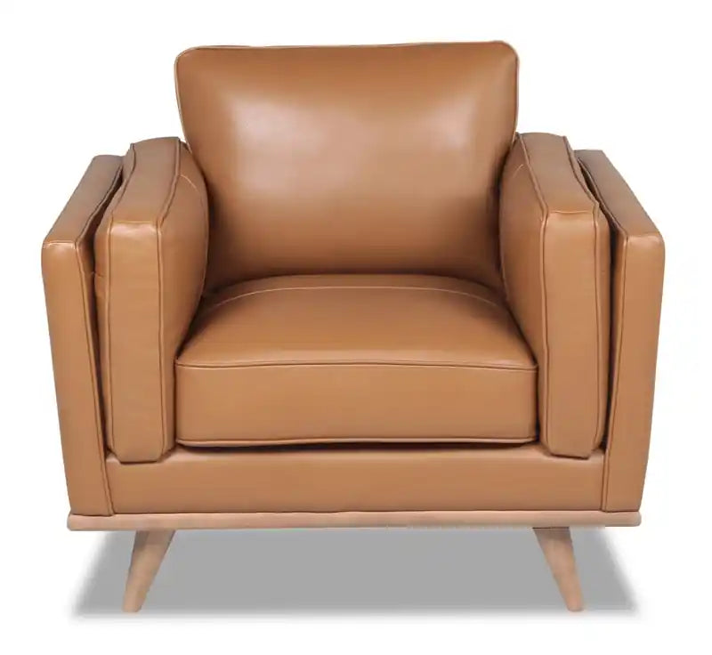 Chaise en cuir véritable avec coussin d'assise amovible et base en bois - brun caramel