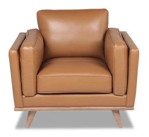 Chaise en cuir véritable avec coussin d'assise amovible et base en bois - brun caramel