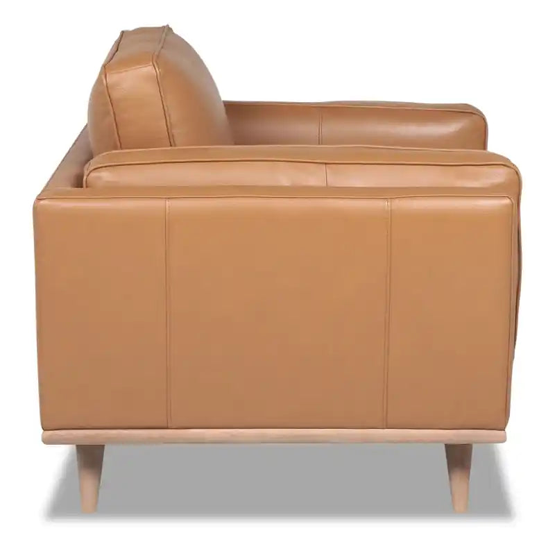Chaise en cuir véritable avec coussin d'assise amovible et base en bois - brun caramel