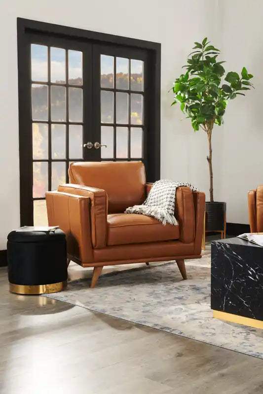Chaise en cuir véritable avec coussin d'assise amovible et base en bois - brun caramel