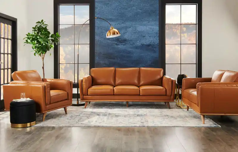 Chaise en cuir véritable avec coussin d'assise amovible et base en bois - brun caramel
