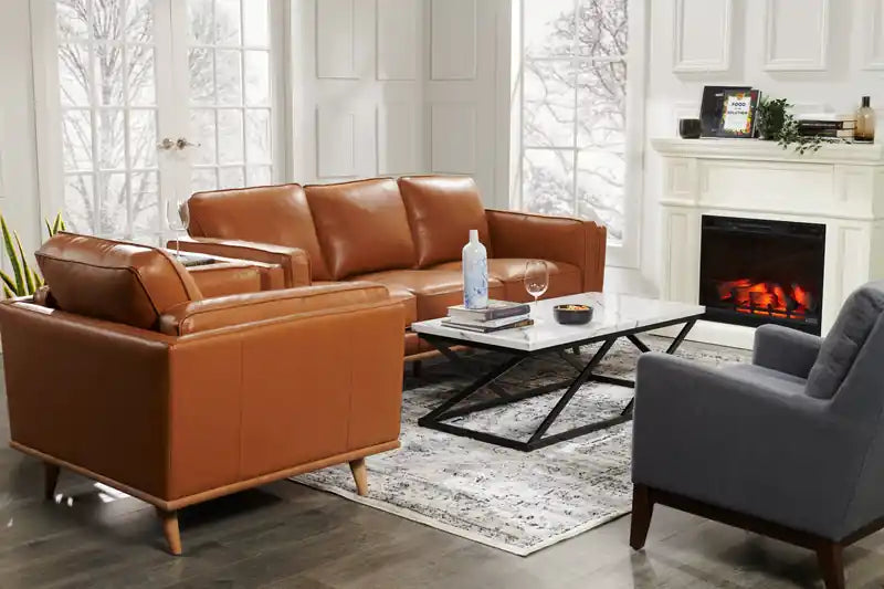 Chaise en cuir véritable avec coussin d'assise amovible et base en bois - brun caramel