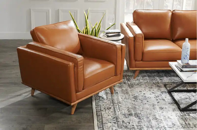Chaise en cuir véritable avec coussin d'assise amovible et base en bois - brun caramel