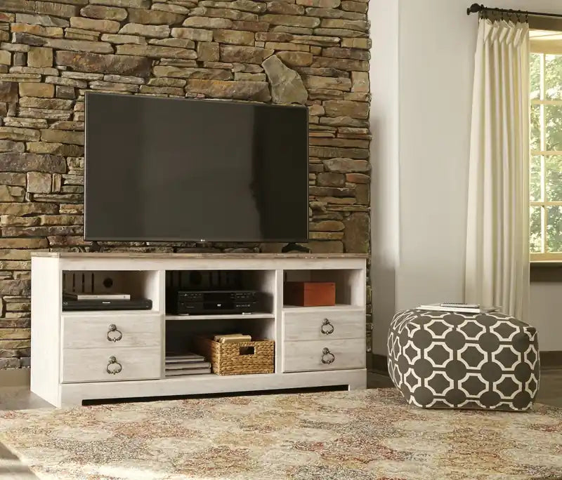 Meuble TV traditionnel de 64 po avec rangement et gestion des câbles pour téléviseurs jusqu'à 70 po - Effet bois blanchi