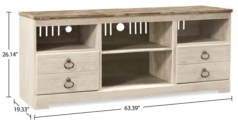 Meuble TV traditionnel de 64 po avec rangement et gestion des câbles pour téléviseurs jusqu'à 70 po - Effet bois blanchi