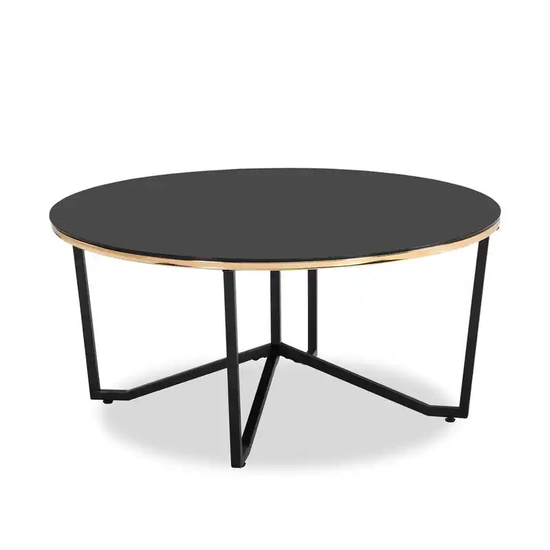 Xander 36 Modern Round Glass Top Coffee Table - Black and Gold with Metal Legs
