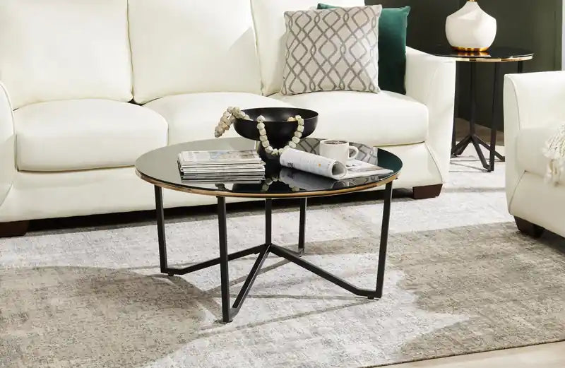 Table basse ronde moderne en verre de 36 pouces - Noire et dorée avec pieds en métal