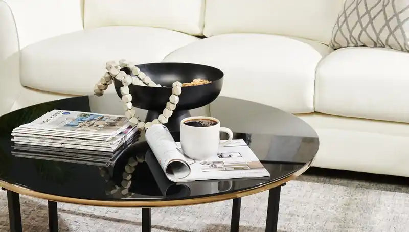 Table basse ronde moderne en verre de 36 pouces - Noire et dorée avec pieds en métal