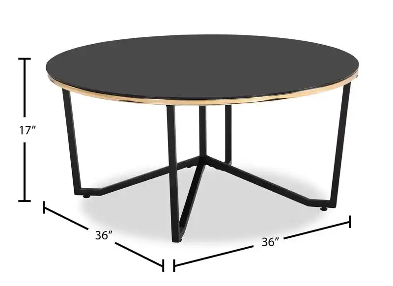 Table basse ronde moderne en verre de 36 pouces - Noire et dorée avec pieds en métal