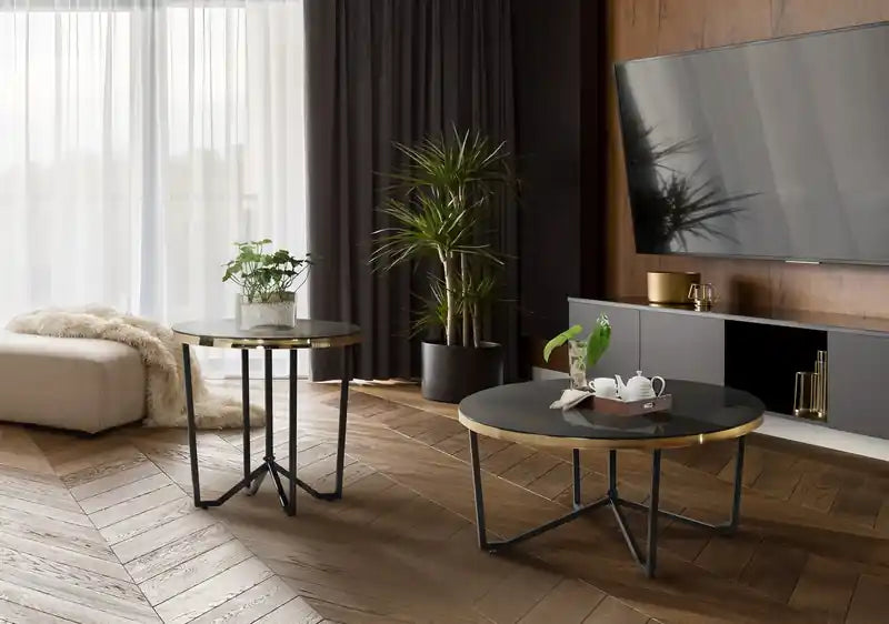 Table basse ronde moderne en verre de 36 pouces - Noire et dorée avec pieds en métal