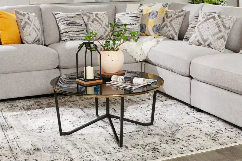 Table basse ronde moderne en verre de 36 pouces - Noire et dorée avec pieds en métal